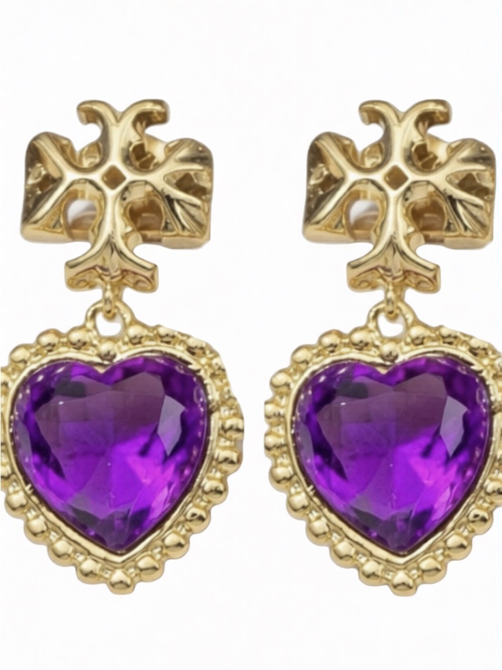 TORY BURCH ROXANNE GOLD LOGO PURPLE HEART DROP EARRINGS